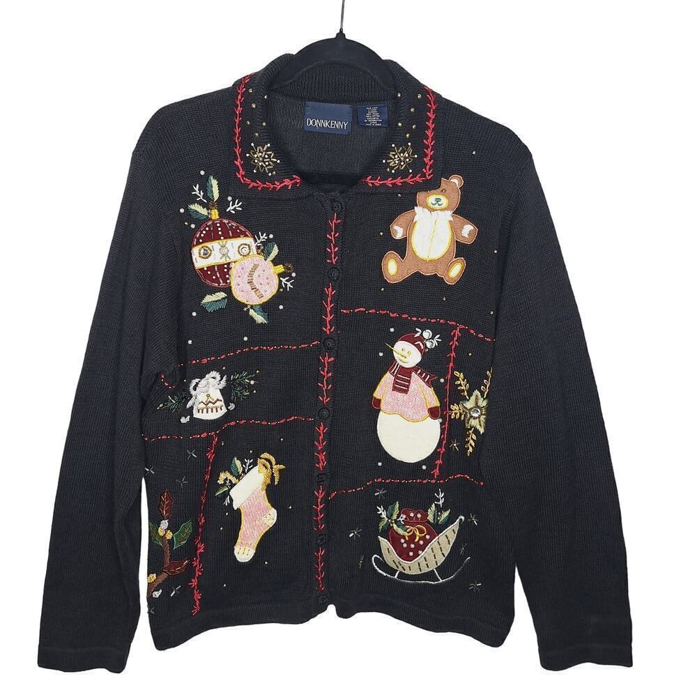 Vintage Christmas Cardigan Sweater Large Beaded Embroidered Collared Cottagecore